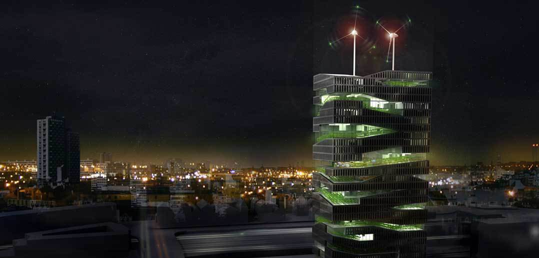 Chris Jacobs design for a Vertical Farm tower at night.