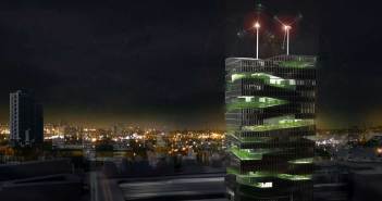 Chris Jacobs design for a Vertical Farm tower at night.